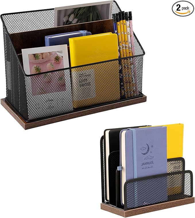 3-Tier Vertical File Storage with Retro Wooden Desk Mail Organizer and Metal Mesh Desktop Organizer for Home Office