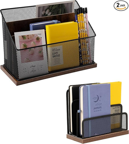 3-Tier Vertical File Storage with Retro Wooden Desk Mail Organizer and Metal Mesh Desktop Organizer for Home Office