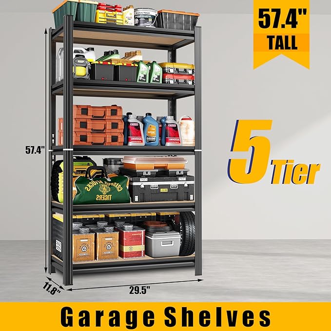 5 Tier Garage Shelving Wood Storage Shelves 2000 lb Load Capacity Adjustabl Shelving Units 57.4" H*29.5" W*11.8" D Metal Shelf Suitable for Basement Warehouse Pantry,Black