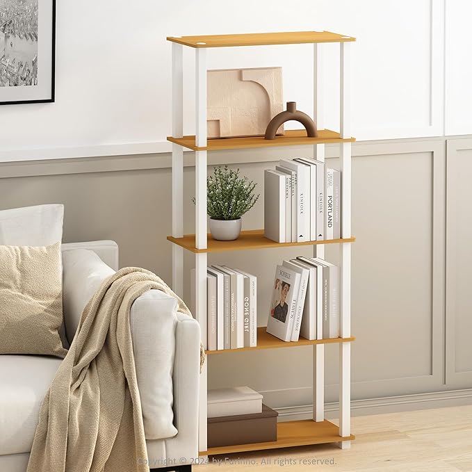 Furinno Turn-S-Tube 3-Tier Compact Multipurpose Shelf Display Rack with Square Tube, Beech/White, Set of 2-NeatNest