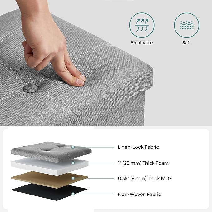 SONGMICS MAZIE Collection - 43 Inches Ottoman Storage Bench, 35 Gal. Folding Chest with Breathable Linen-Look Fabric, Load up to 660 lb, for Entryway, Living Room, Bedroom, Light Gray ULSF077G05-NeatNest
