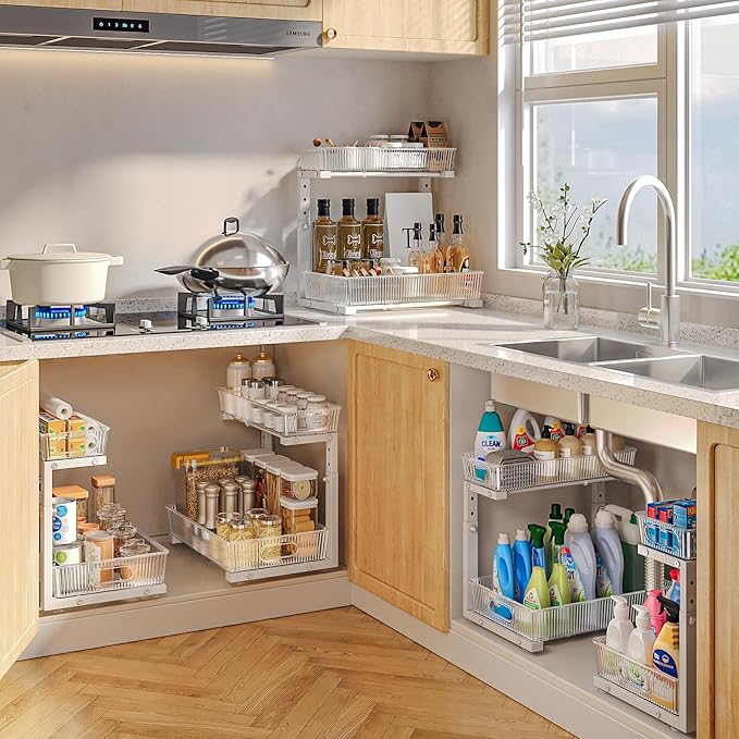2 Pack Under Sink Organizer, 2-Tier Pull Out Cabinet Organizer, Elegant Acrylic Under Sink Storage Shelf for Kitchen Bathroom Cabinet, L-Shaped Adjustable Height for Maximum Space Efficiency-White-NeatNest