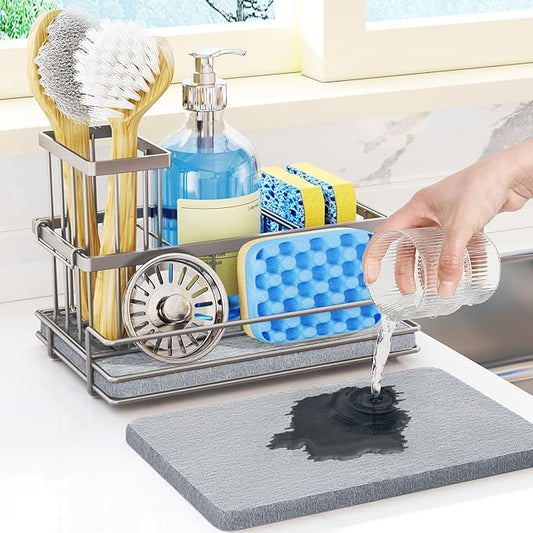 HapiRm Sink Caddy Sponge Holder - Kitchen Sink Organizer with Instant Drying Stone and Brush Holder, Stainless Steel Sponge Caddy for Kitchen Countertop - Brushed Nickel