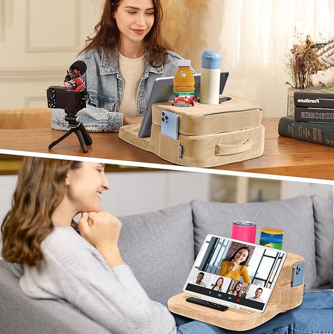 Couch Cup Holder Tray Pillow - Bed, Couch Caddy, Sofa, RV & Car - Holds Drinks, Snacks, Remotes, Phones, Kindle, Tablet | Bed Cup Holder (Beige)-NeatNest