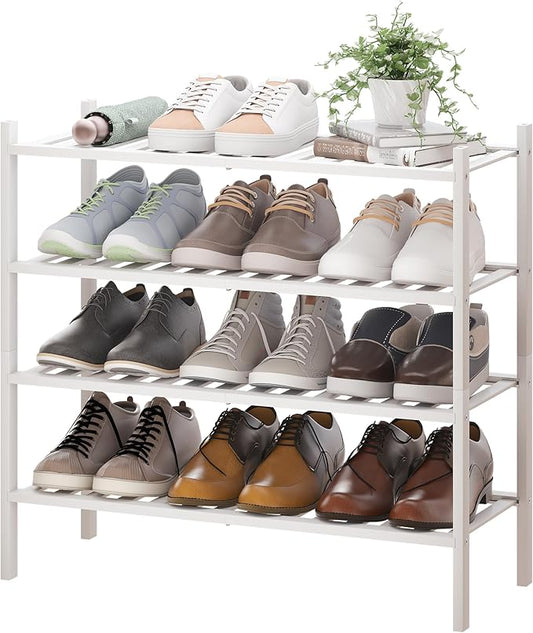 BMOSU 4-Tier Bamboo Shoe Rack Premium Stackable Shoe Shelf Storage Organizer for Hallway Closet Living Room Entryway Organizer(White Bamboo)-NeatNest