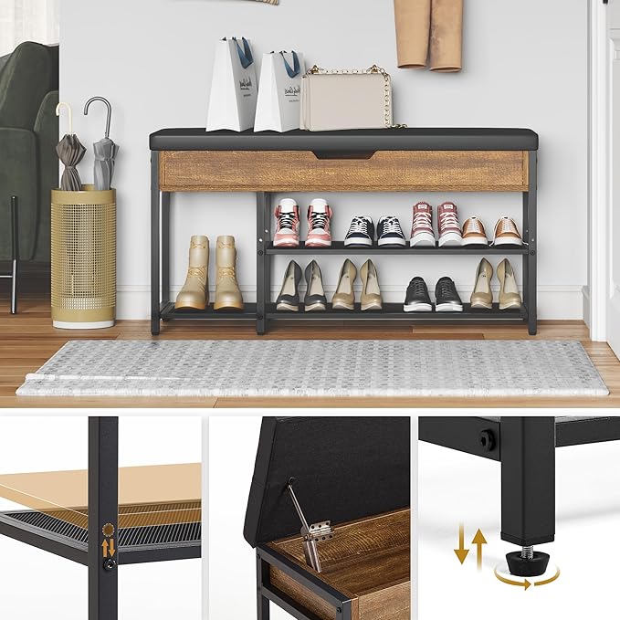 Shoe Rack Bench with Upholstered Cushion, Shoe Storage Bench with Adjustable Shelf and Hidden Storage Compartment for Hallway Entryway Living Room Rustic Brown (2-Tier)-NeatNest