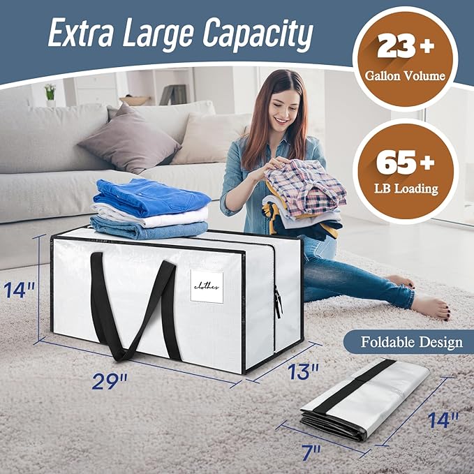 12 Pack Extra Heavy Duty Large Moving Bags with Strong Zipper & Comfortable Handles, Sturdy & Durable Clothes Storage Bags Totes Bins, Packing Moving Boxes for College Supplies, White-NeatNest