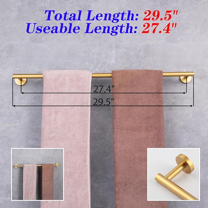 GERZWY Gold Towel Bar 30-Inch Stainless Steel Bathroom Towel Rail Wall Mounted Hand Towel Holder AG1101C75-BE