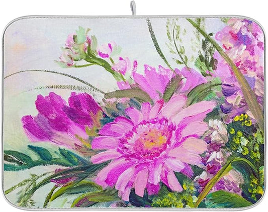 Absorbent Dish Drying Mat for Kitchen Counter - Oil Painting Flowers Microfiber Drying Pad, Reversible Drainer Mats for Countertop, Large 18" x 24"