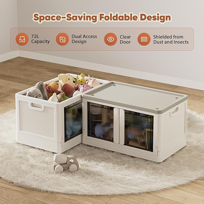 19 Gallon Collapsible Storage Box, Folding Storage Cabinet with Door and Wheels, Clear Door Dual Open Storage Box for Home, 1 Pack