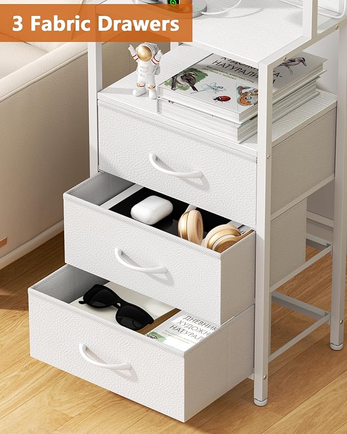 Furnulem Night Stand, Bedside Nightstand with 4-Tier Shelves and 3 Fabric Drawers, LED Bed Side Tables with Charging Station, Tall Bedside Table for Bedroom, Hallway, Office,White
