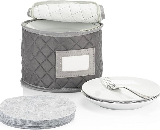 China Storage Case - Saucer or Small Plate Quilted Case - 7" diameter x 6" height - Gray - Includes 12 Felt Separators -Stackable With Padded Interior - Great for Appetizer Plates-NeatNest