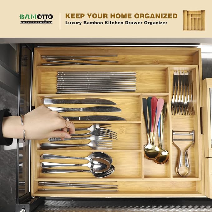 Expandable Bamboo Drawer Organizer – Large 20"x16.9" Size with Adjustable Dividers – for Kitchen Utensils, Knives, Cutlery, Flatware & Silverware Storage Tray-NeatNest