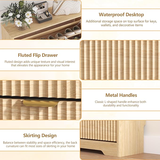 Shoe Cabinet Storage for Entryway with 3 Flip Drawers, Oak Fluted Shoe Cabinet with Adjustable Shelves, Wooden Hidden Shoe Rack Freestanding Narrow Slim Shoes Storage for Hallway, Entrance
