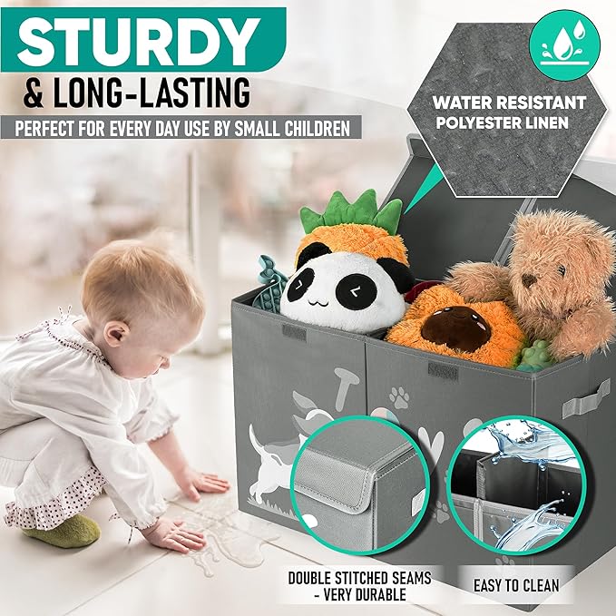 Hula Home Large Toy Box (2pc) - Lightweight Collapsible Sturdy Toy Storage Chest w/Flip-Top Lid & Handles (24.5" x 12" x 16") (Dog & Elephant)