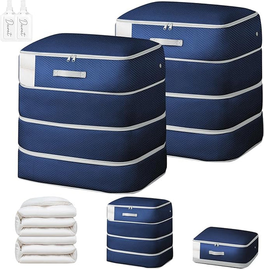 Comforter Storage Bag - Large Capacity Blanket Storage Bags 4-Layer Ultra Space Saving Self Compression Organizer, Washable Compression Bags for Storage Comforter Blanket, 2-Pack, Navy Blue-NeatNest