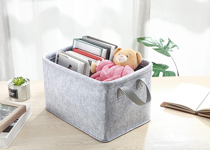Collapsible Storage Bins Foldable Felt Fabric Storage Basket Organizer Boxes Containers with Handles PU Handles for Nursery Toys,Kids Room,Clothes,Towels,Magazine (PU-Light grey, 15.9L×11W×9.8H)-NeatNest