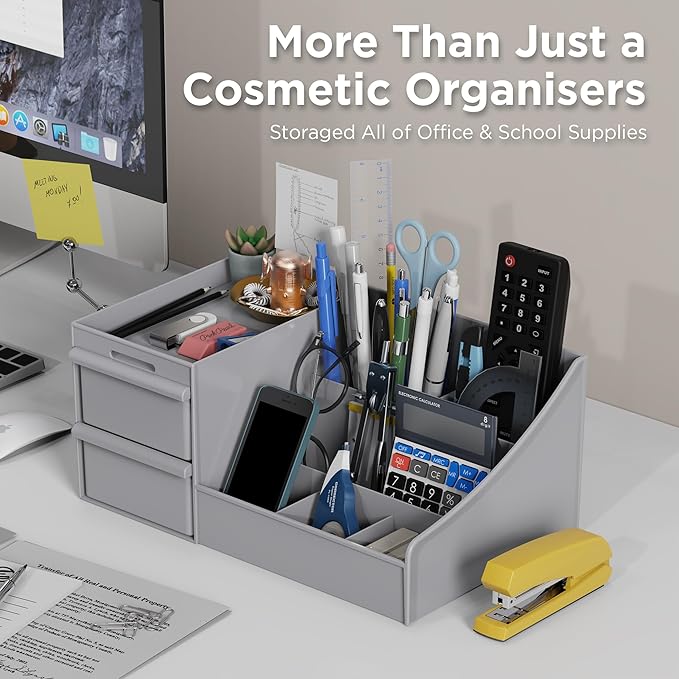 Makeup Organizer Countertop, Vanity Organizer with Drawers for Cosmetics, Skincare, Brushes, Perfume, Skincare Organizer for Vanity, Perfume Organizer for Dresser, Bathroom (Grey&2 Drawers)-NeatNest