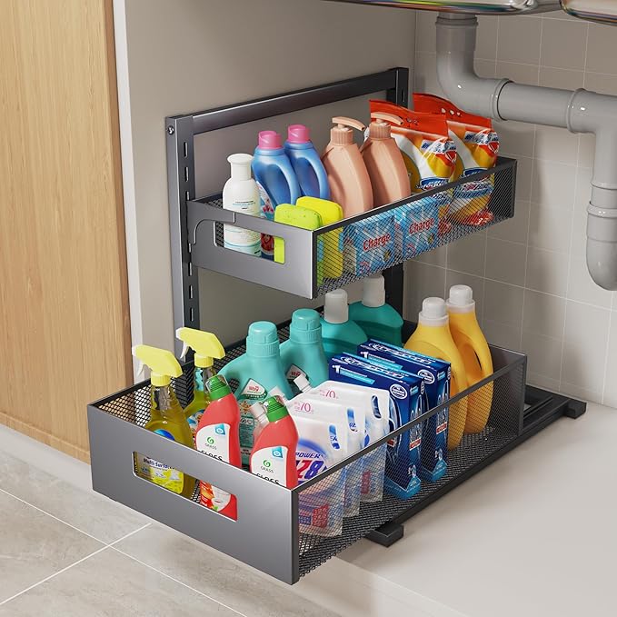 Under Sink Organizer Pull Out Cabinet Organizer Adjustable Height 2 Tier with Sliding Drawers Kitchen Bathroom Organizer and Storage(Gray-1pc)-NeatNest