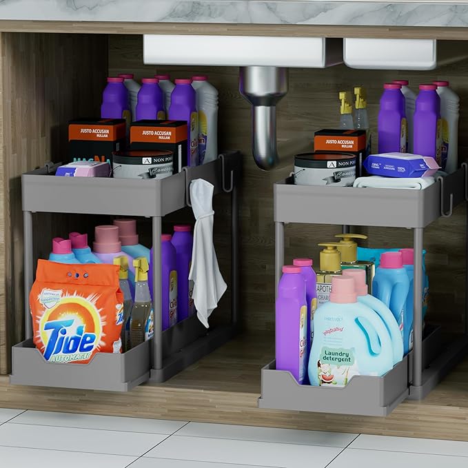 Under Sink Organizer 2 Pack，Bathroom Cabinet Organizer，2 Tier Sliding Cabinet Basket Organizer Drawer, Multi-Purpose Bath Collection Baskets for Bathroom (Grey)-NeatNest
