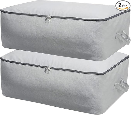 2PCS Durable Cotton Canvas, Soft Space Save Storage Bag Wardrobe Organizer with Handle & Zipper for Beddings, Comforters, Pillows, Blankets, Clothes, 25.6×18.5×8.7inch, Light Gray-NeatNest