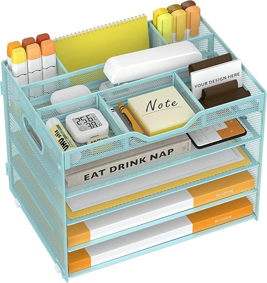 5 Tier Paper Letter Tray with 3 Drop-in Pen Holders, Mesh Desk File Organizer with Handle, Desk Organizers and Accessories for School,Home, Office Supplies Storage-Blue-NeatNest