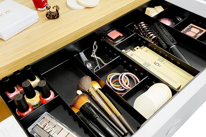 CAXXA 3 Slot Drawer Organizer with 4 Adjustable Dividers - Junk Drawer Storage for Makeup & Vanity, Office Desk Supplies and Accessories (BLACK, 1 PACK)-NeatNest