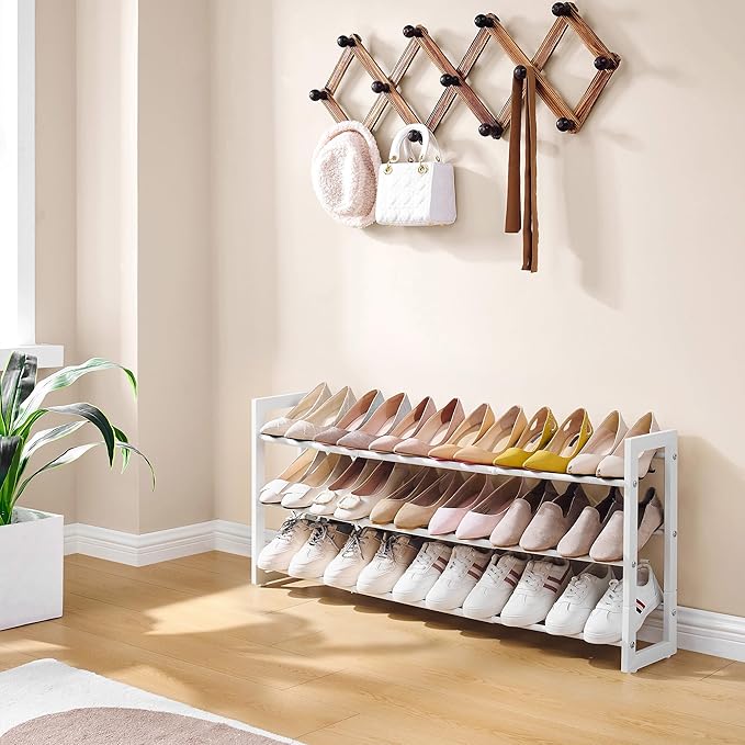 FAVOOSTY 3-Tier Expandable Shoe Rack, Adjustable Shoe Shelf Storage Organizer Space Saving Metal Free Standing Shoe Rack for Entryway Closet Doorway, White-NeatNest