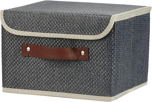 Storage Bins with Lid Fabric Storage Box Basket PU Leather Handle Textured Woven Cotton Linen Decorative Foldable Washable Shelf Closet Organizer Container (Flip-top Lid, Gray, Small)-NeatNest