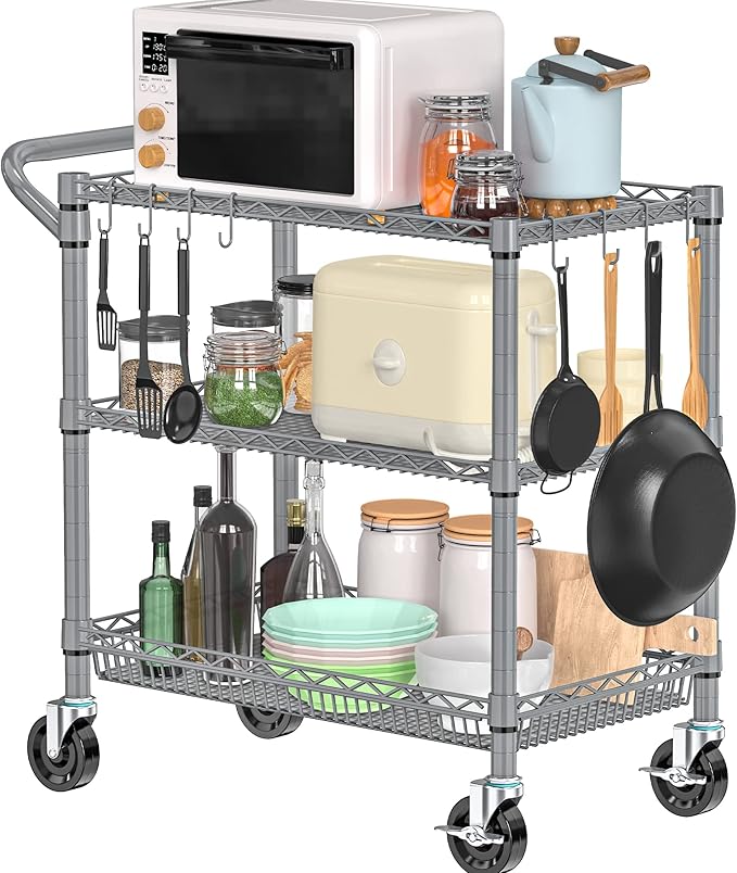 Rolling Cart with Wheels, Heavy Duty 3 Tier Metal Utility Cart 990lbs Capacity, Multi-Purpose Wire Rolling Storage Trolley for Kitchen Garage Office Commercial Use, Gray