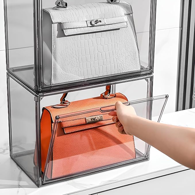 Clear Stackable Plastic Storage Bins with Magnetic Lid, Dustproof Book & Cosmetic Display Cases, Large Figures Collectibles Showcase, Shoe Box, Protection Organizer (Gray, L-3 Pack)-NeatNest