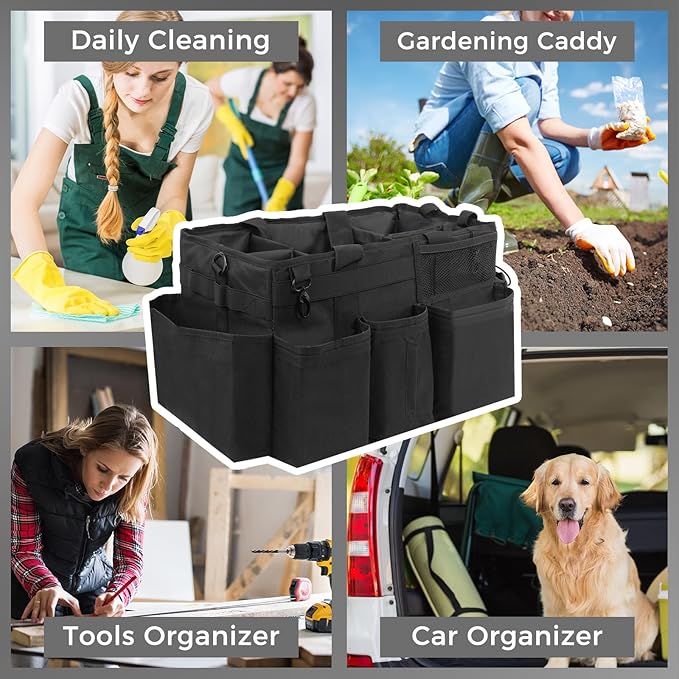 Wearable Cleaning Caddy Organizer with Handle & Shoulder Straps for Housekeepers, Under Sink & Car Cleaning Tool Organizer Bag with 4 Foldable Dividers (Black)
