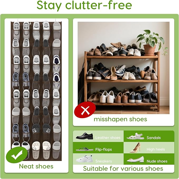 Unjumbly Over the Door Shoe Organizer with 40 Large Breathable Mesh Pockets, Space Saving Shoe Holder, Hanging Shoe Rack for Entryway Bedroom Closet Storage (Brown, 40 Pockets)-NeatNest