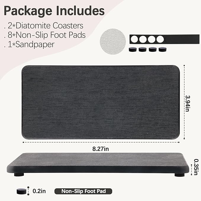 2 Pcs Water Absorbing Stone Trays, Kitchen/Bathroom Sink Soap Dish, Diatomite Tray Used for Hand Soap & Cosmetic Bottles in The Modern Home, 4" W x 8.3" L, Dark Gray-NeatNest