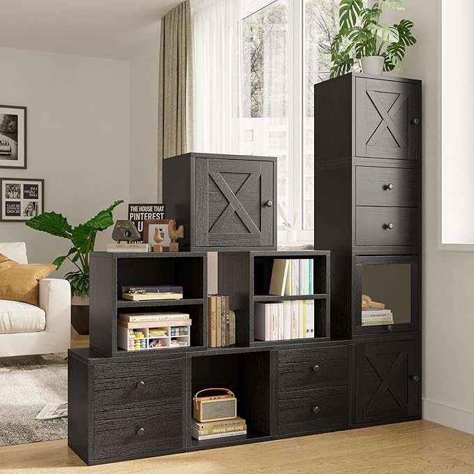 FUSUNBAO Magic DIY Cube Storage Organizer Stackable Cubes for Home Books Clothes Toy-Modular Cubby Storage System-Office Cubical-Bookcase Closet(Black,Cat Door Cube)-NeatNest