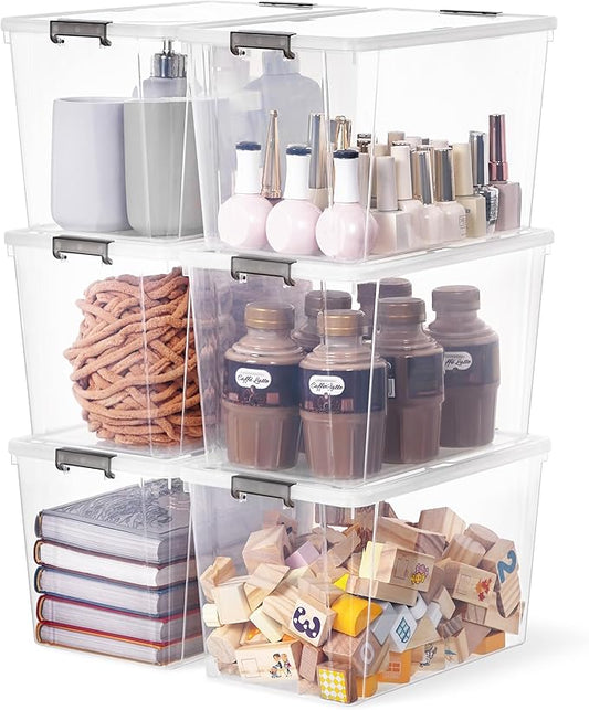 Citylife 7.8 QT 6 Pack Small Storage Bins Plastic Storage Container Stackable Box with Lids for Organizing, Clear White-NeatNest