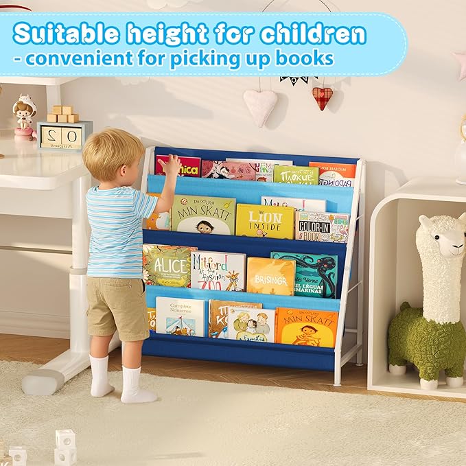 Book Shelf for Kids Rooms, Blue Montessori Bookshelf Nursery Book Shelves Toddler Children Bookshelf Metal Kid's Book Storage Organizer for Boys Room Furniture Playroom Kindergarten-NeatNest