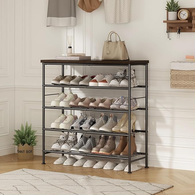 Shoe Rack Organizer 5 Tier for Closet Entryway Free Standing Metal Storage Shoe Shelf with MDF Top Board，Black+Rustic Brown-NeatNest