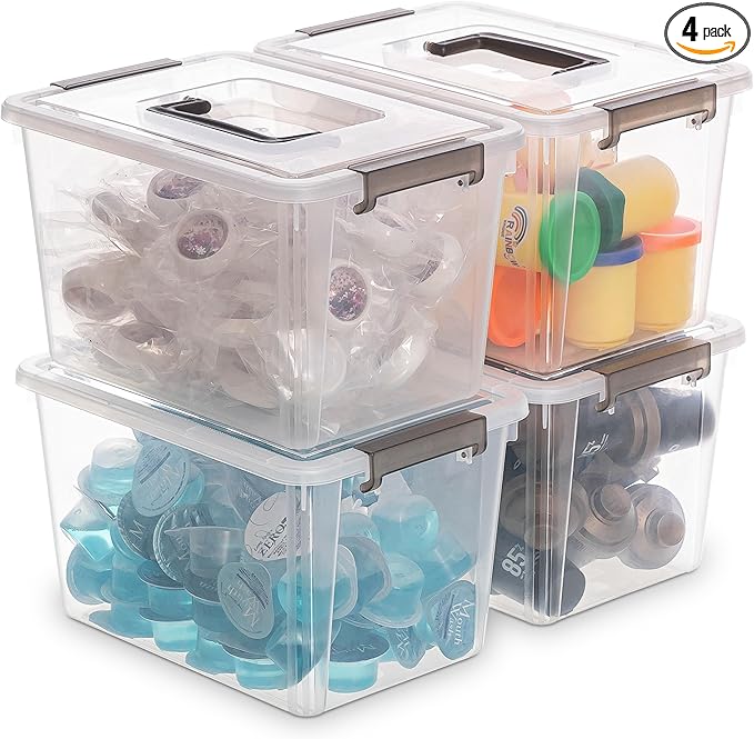 Citylife 4 Packs Plastic Storage Bins with Latching Lids Clear Storage Box with handle Stackable Storage Containers for Organizing Toys, Crafts, Tools-NeatNest