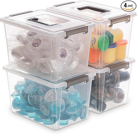 Citylife 4 Packs Plastic Storage Bins with Latching Lids Clear Storage Box with handle Stackable Storage Containers for Organizing Toys, Crafts, Tools-NeatNest