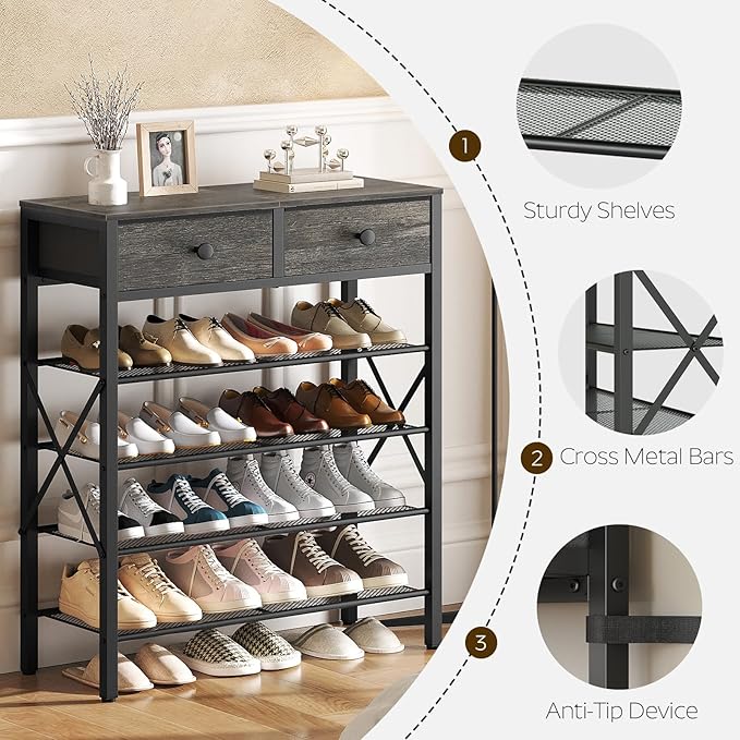 5 Tier Shoe Rack, Large Capacity Shoe Storage Organizer, Metal Shoe Shelf with Drawer and Wooden Top, for 20 Pairs of Shoes, for Entryway, Closet, Charcoal and Black SS25BCY1-NeatNest