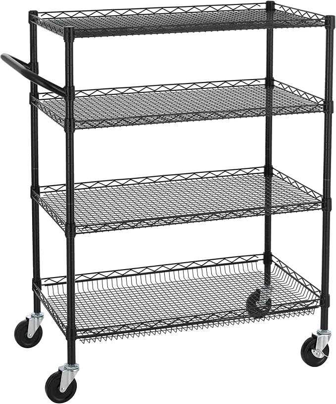 Finnhomy 4 Tier Heavy Duty Commercial Grade Rolling Cart with Handle Bar, Metal Wire Utility Cart with Wheels, Service Trolley on Wheels, Shelf Size 18" D x 36" W, NSF, Black