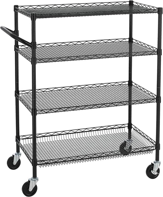 Finnhomy 4 Tier Heavy Duty Commercial Grade Rolling Cart with Handle Bar, Metal Wire Utility Cart with Wheels, Service Trolley on Wheels, Shelf Size 18" D x 36" W, NSF, Black