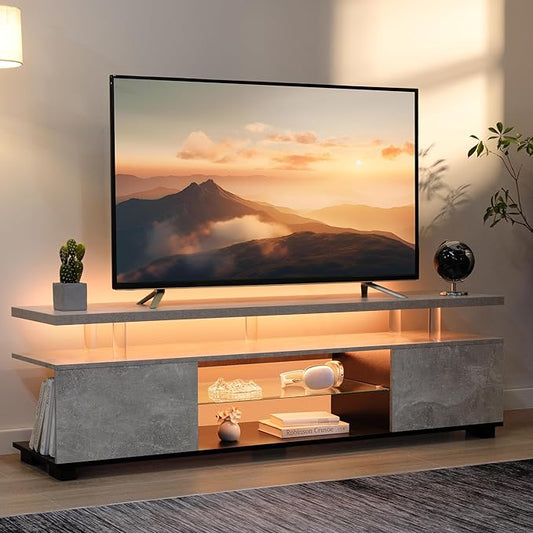 Grey TV Stand for Living Room,Glass TV Stands,LED TV Stand for 75+ inch TV,Long TV Stand for Living Room,Bedroom,Home Office-NeatNest