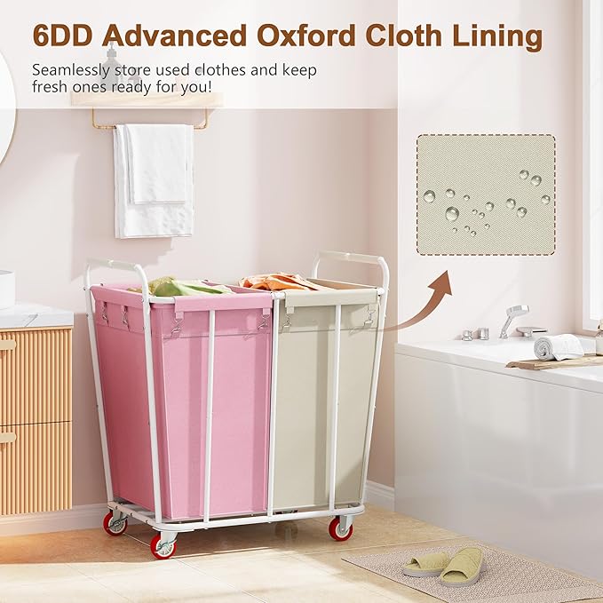 Hoctieon 2 Section Laundry Sorter Cart, 400L Rolling Hamper with Wheels, Industrial Laundry Basket Organizer, Extra Large Dirty Clothes Hamper for Home & Hotel, Heavy Duty, Pink+Beige-NeatNest