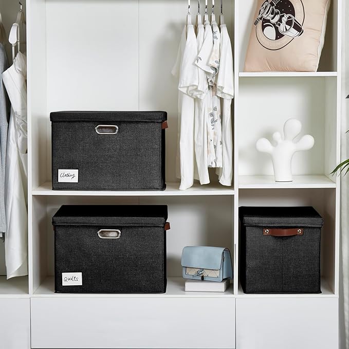 17" Large Collapsible Storage Bins with Lids, Stackable Closet Organizers with PU Handle and Labels, 3-Pack Decorative Fabric Storage Boxes for Home, Bedroom, Closet, Office, Nursery(Black)-NeatNest