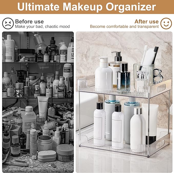 3-Tier Bathroom Counter Organizer, Multi-Purpose Cosmetics Skincare Shelf, Fits A4 Size Makeup Organizer for Office and Vanity Tray, Countertop Storage Solution for Kitchen,Bath.(Clear)-NeatNest