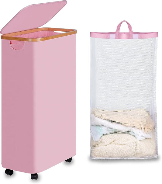 efluky Slim Laundry Basket with Wheels, Narrow Rolling Laundry Hamper with Lid and Removable Bag, Tall Aesthetic Dirty Clothes Hamper on Wheels for Laundry Room, Bedroom, Dorm and Bathroom, 75L Pink-NeatNest