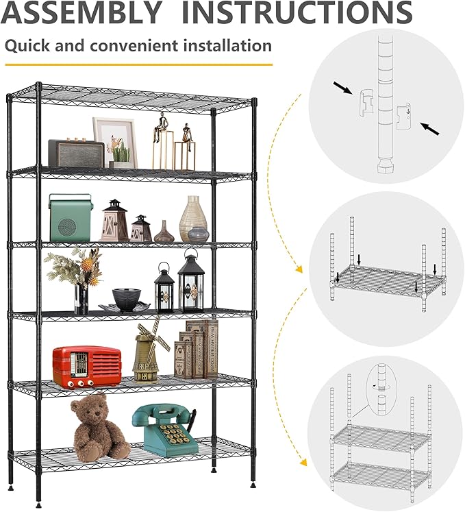 16''Lx42''Wx72''H 6 Shelf Wire Shelving Unit Heavy Duty Metal Storage Shelves NSF Wire Shelf Organizer Black Height Adjustable Utility Steel Commercial Grade Layer Shelf Rack 1500 LBS Capacity-NeatNest