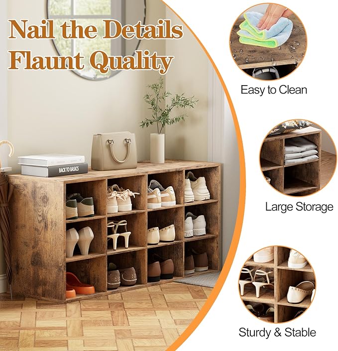 12-Cubby Shoe Rack, 3-Tier Wood Shoe Organizer, Multifunctional Shoe Organizer Bench for Entryway, Mudroom, Hallway, Closet,36.22 * 11.81 * 17.72 Inch,Brown-NeatNest
